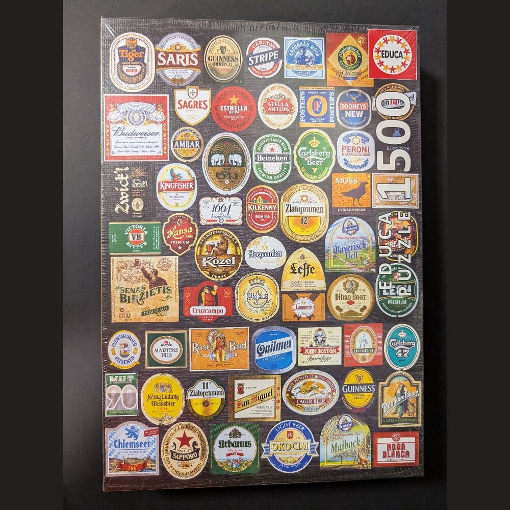 New, Factory-Sealed Educa "Beer Labels Collage" 1500 Piece Jigsaw Puzzle